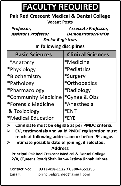 Pakistan Red Crescent Medical & Dental College Lahore Jobs 2016 July Teaching Faculty Latest