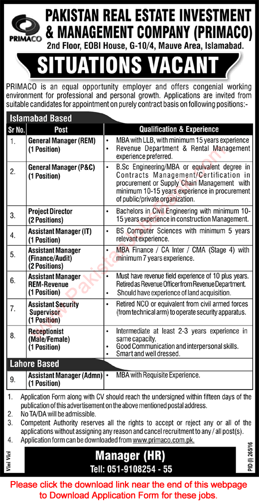 PRIMACO Jobs 2016 July Application Form Pakistan Real Estate Investment & Management Company Latest