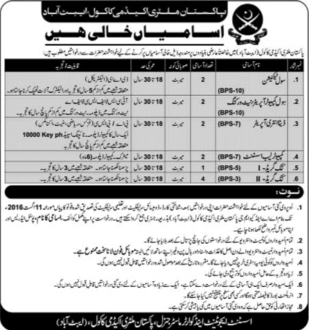 Pakistan Military Academy Kakul Jobs July 2016 Abbottabad Civil Technicians, DEO, Cooks & Others Latest