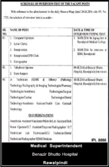 Benazir Bhutto Hospital Rawalpindi Jobs July 2016 Test / Interview Schedule Latest