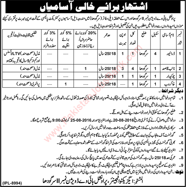 Provincial Highway Division Sargodha Jobs 2016 July / August Naib Qasid, Driver, Chowkidar & Khakroob Latest