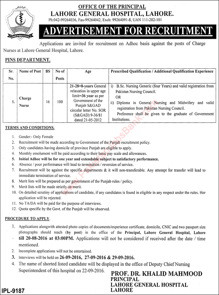 Charge Nurse Jobs in Lahore General Hospital August 2016 Latest Advertisement
