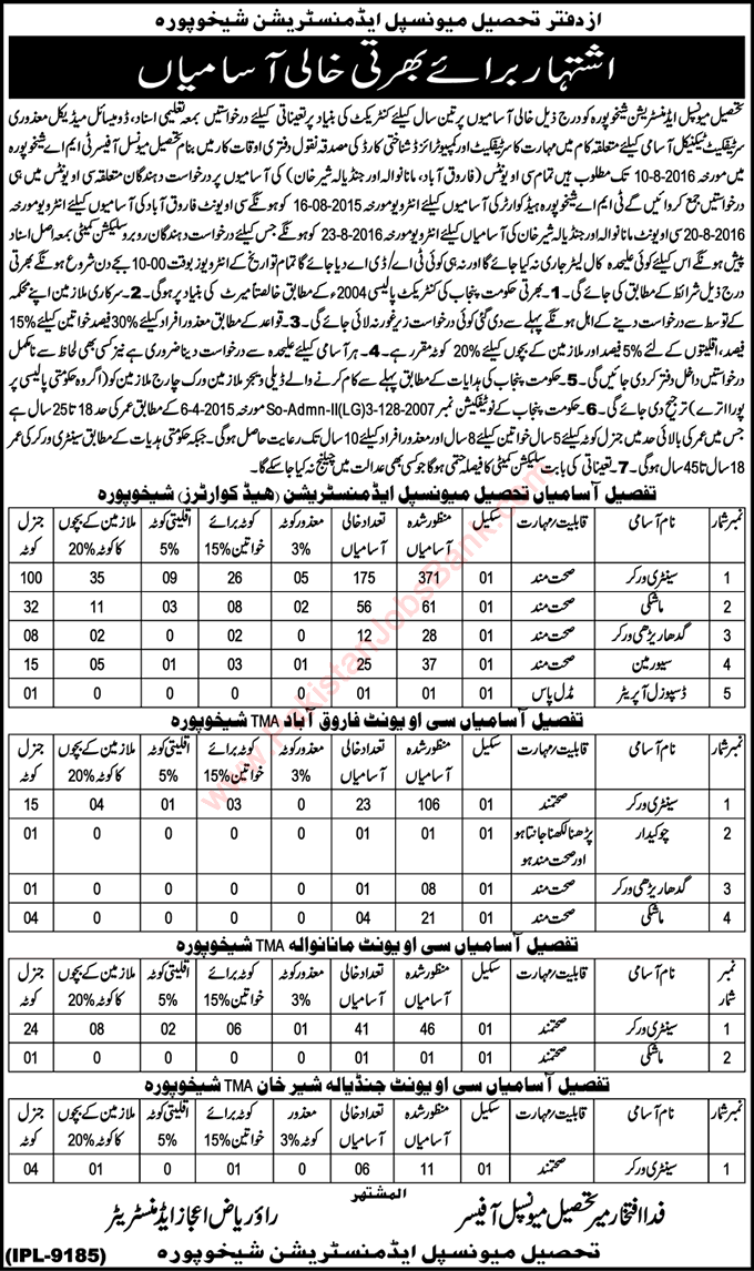 TMA Sheikhupura Jobs August 2016 Sanitary Workers, Mashki & Others Tehsil Municipal Administration Latest