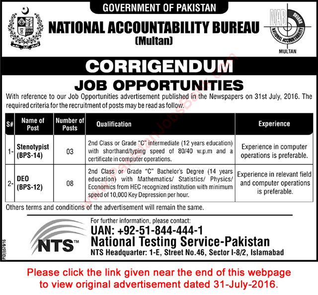 NAB Multan Jobs August 2016 Stenotypists & Data Entry Operators Corrigendum Latest