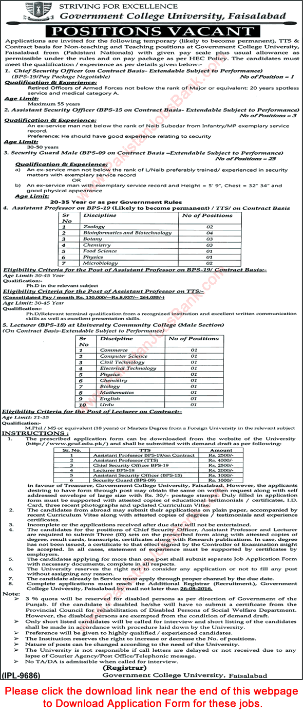 GC University Faisalabad Jobs August 2016 Application Form Teaching Faculty, Security Guards & Others Latest