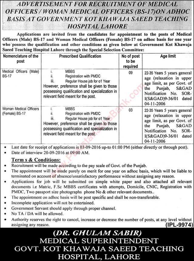 Medical Officer Jobs in Government Khawaja Muhammad Saeed Teaching Hospital Lahore 2016 August Latest