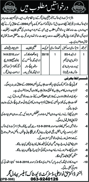 Driver Jobs in District Livestock Office Bahawalnagar August 2016 Latest