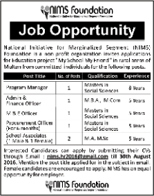 NIMS Foundation Jobs 2016 August School Associates, Admin / Finance Officer & Others Latest