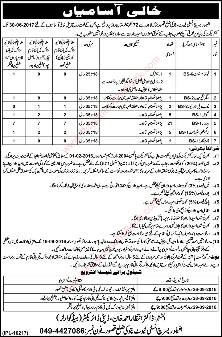 Buffalo Research Institute Pattoki Jobs August 2016 Baildar, Irrigation Attendants & Others Latest