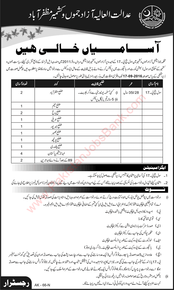 Civil Judge Jobs in AJK Judicial Department 2016 August Latest Advertisement