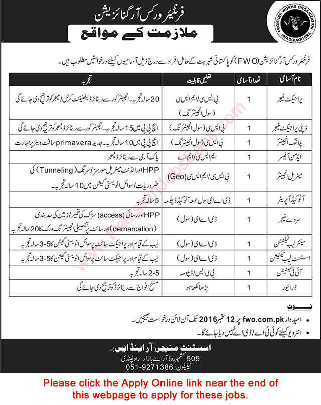 FWO Jobs August 2016 September Apply Online Frontier Works Organization Latest