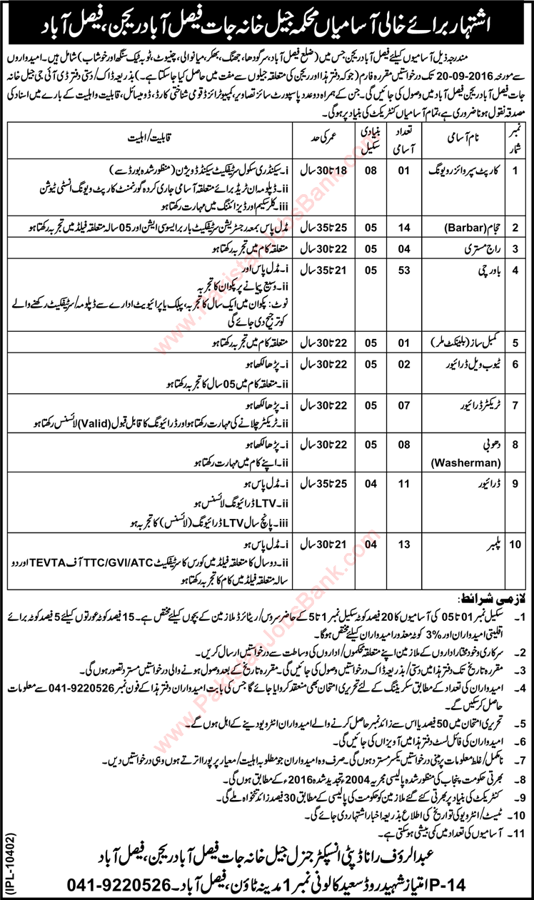 Prison Department Punjab Jobs August 2016 in Faisalabad Region Bawarchi, Drivers, Plumbers & Others Latest