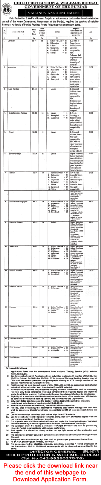 Child Protection and Welfare Bureau Punjab Jobs September 2016 NTS Application Form Download Latest