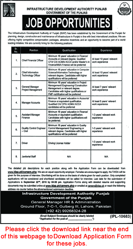 Infrastructure Development Authority of Punjab Jobs September 2016 IDAP Application Form Download Latest