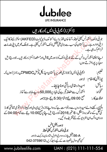 Medical Officer Jobs in Jubilee Life Insurance Lahore 2016 September Walk in Interviews Latest