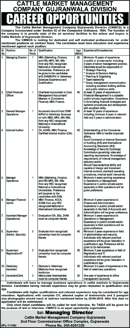 Cattle Market Management Company Gujranwala Jobs September 2016 Assistant / Clerks, Supervisors & Others Latest