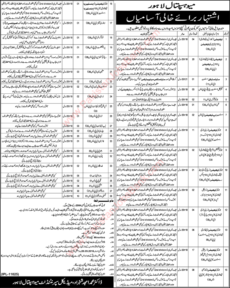 Mayo Hospital Lahore Jobs September 2016 Medical Technicians, Ward Cleaners & Others Latest