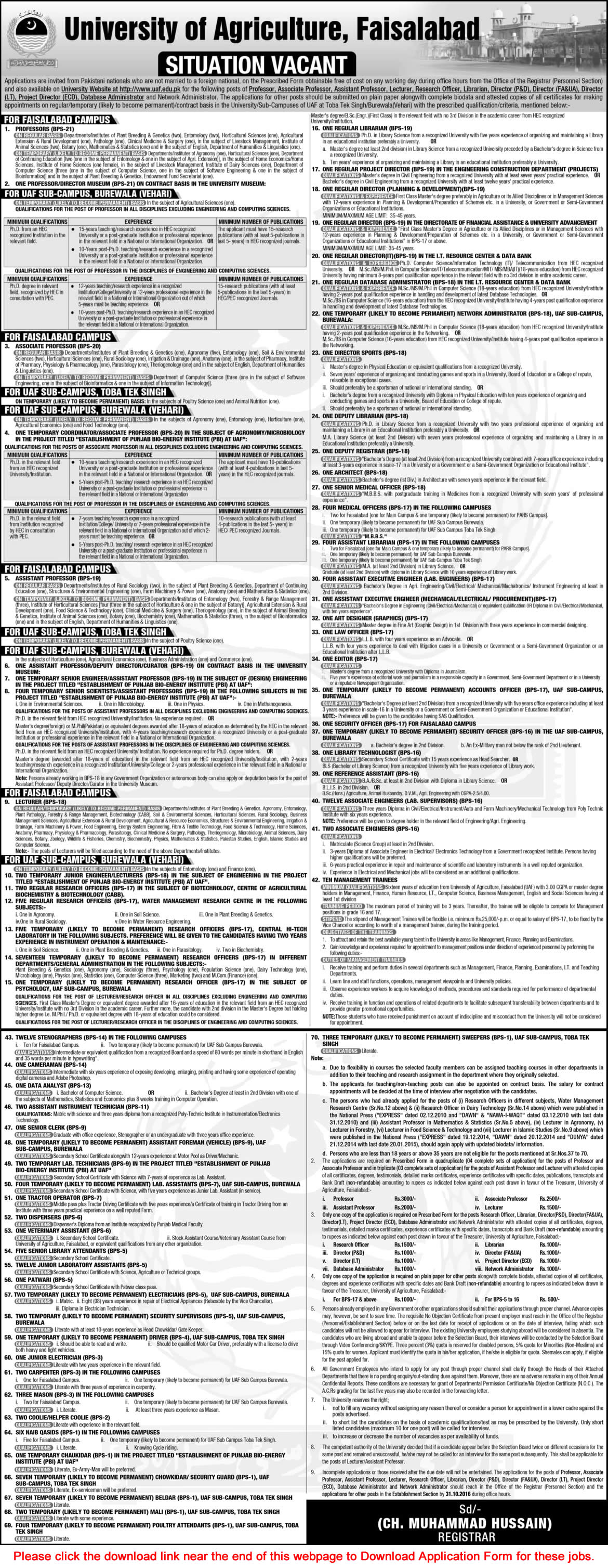 University of Agriculture Faisalabad Jobs September 2016 Application Form Teaching Faculty & Others Latest