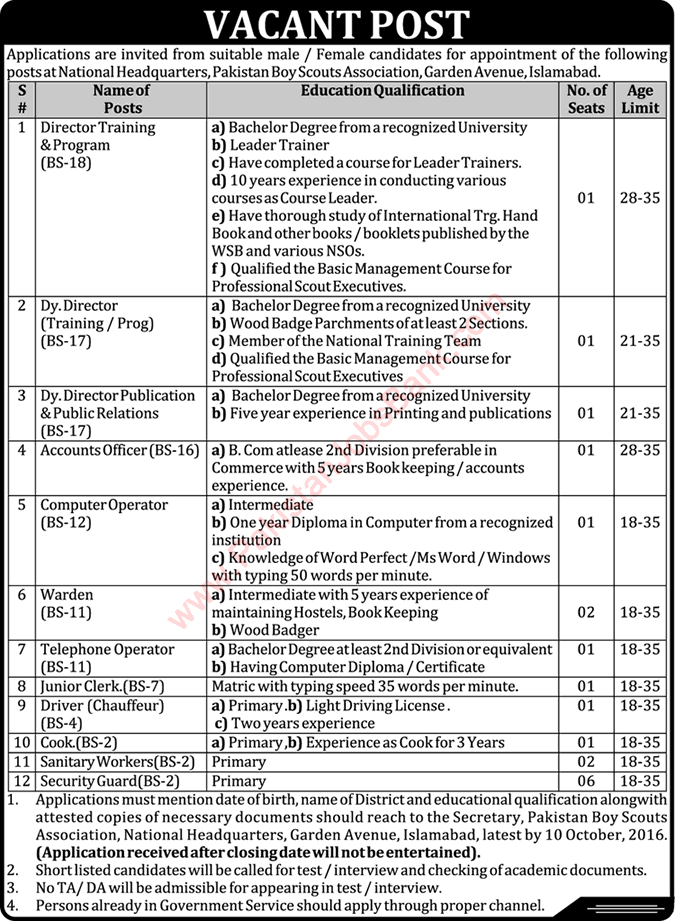 Pakistan Boy Scouts Association Islamabad Jobs 2016 September Computer Operators, Clerk & Others Latest