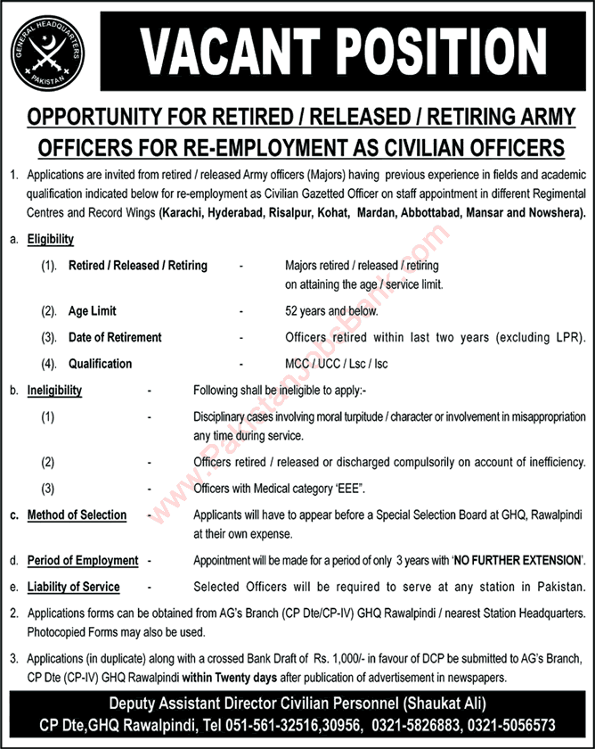 Jobs for Retired Army Officers in Pakistan Army September 2016 Re-Employment as Civilian Officers Latest