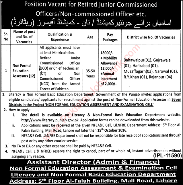 Non Formal Education Assessor Jobs in Literacy Department Punjab September 2016 L&NFBED Latest