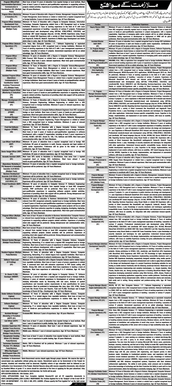 PO Box 405 GPO Lahore Jobs September 2016 Punjab Information Technology Board Latest Advertisement