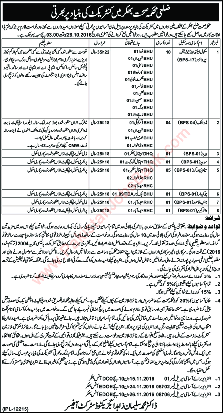 Health Department Bhakkar Jobs October 2016 School Health and Nutrition Supervisors, Midwives & Others Latest