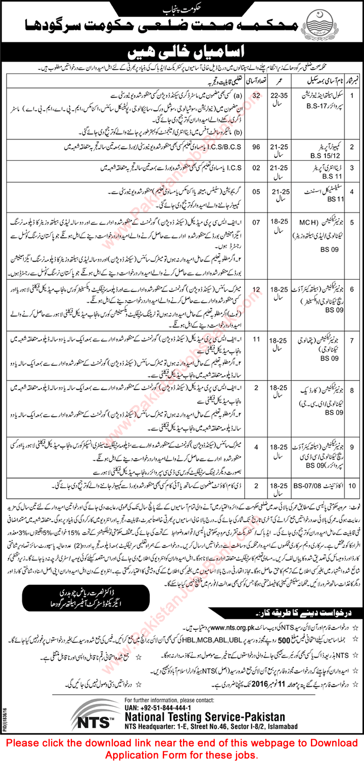 Health Department Sargodha Jobs October 2016 Computer Operators & Others NTS Application Form Latest