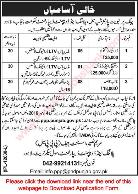 Planning and Development Department Punjab Jobs October 2016 Lahore Application Form Naib Qasid & Others Latest