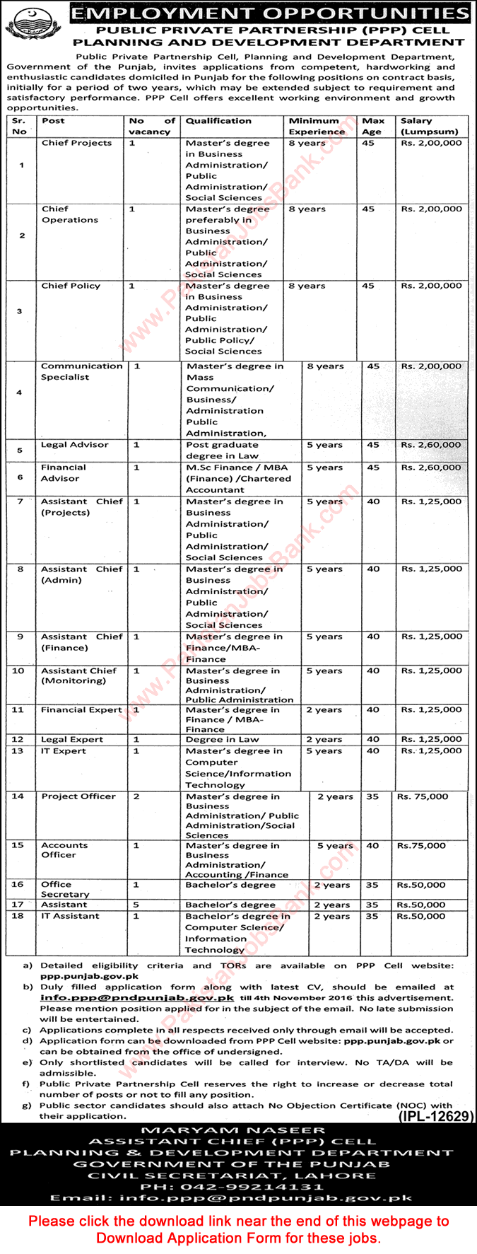 Planning and Development Department Punjab Jobs October 2016 Application Form Download Latest