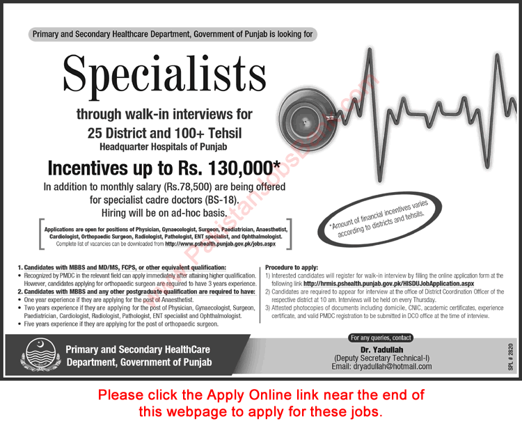 Primary and Secondary Healthcare Department Punjab Jobs October 2016 Specialist Doctors Apply Online Latest