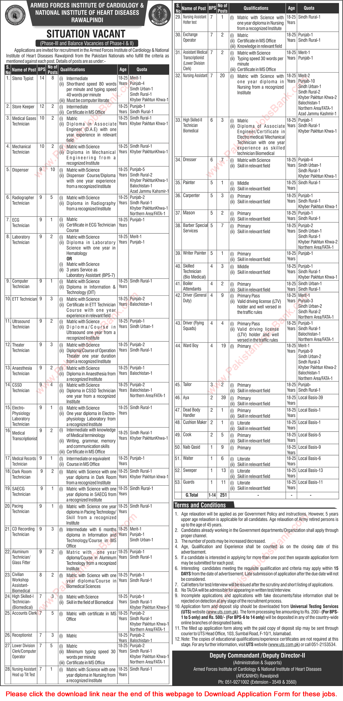 AFIC Rawalpindi Jobs October 2016 NIHD UTS Application Form Armed Forces Institute of Cardiology Latest