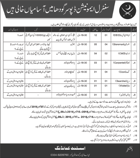 Central Ammunition Depot Sargodha Jobs 2016 October Pakistan Army Storeman, Cooks & Others Latest