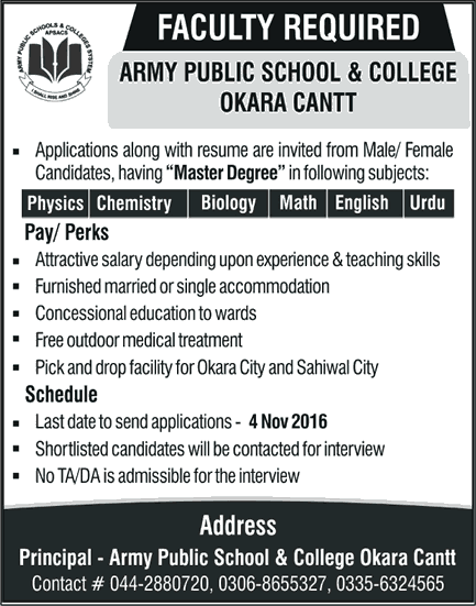 Army Public School and College Okara Jobs 2016 October / November Teaching Faculty Latest