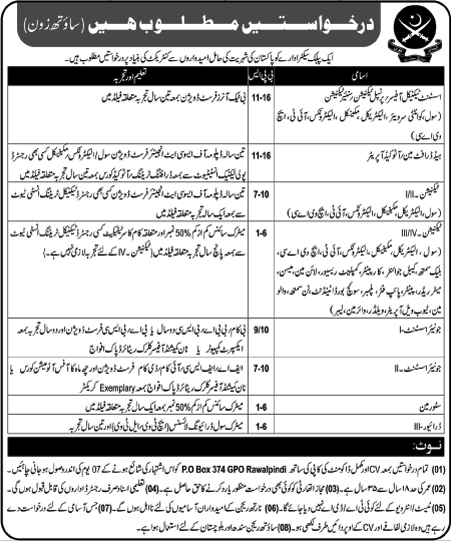 PO Box 374 GPO Rawalpindi Jobs October 2016 November Pakistan Army Technicians & Others Latest