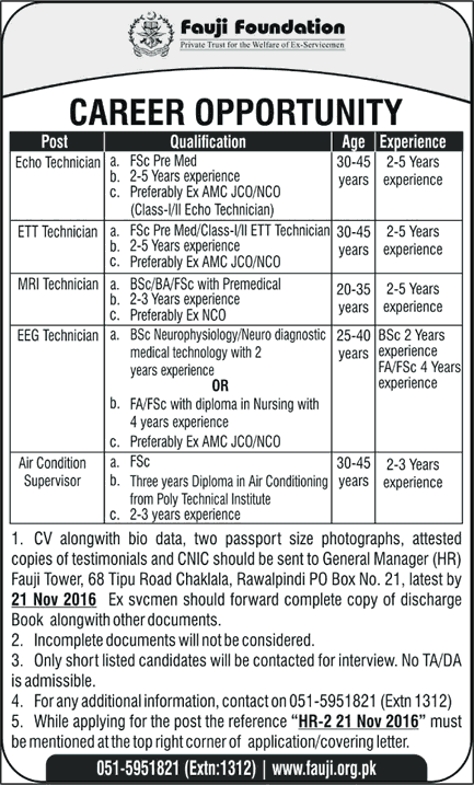 Fauji Foundation Jobs October 2016 November Rawalpindi Medical Technicians & AC Supervisor Latest