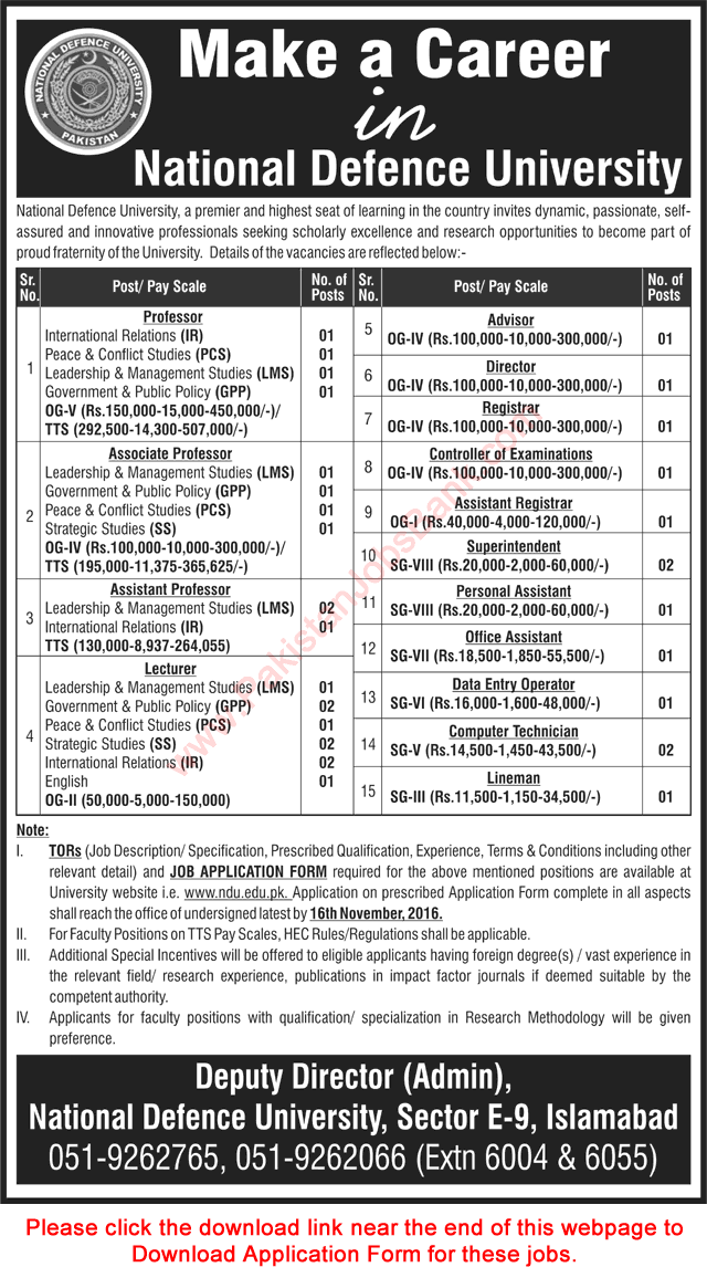 National Defence University Islamabad Jobs 2016 October / November NDU Application Form Download Latest