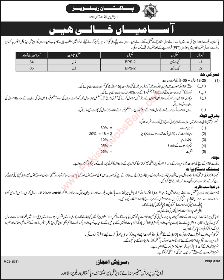 Gate Keeper & Gateman Jobs in Pakistan Railways November 2016 in Lahore Division Latest / New