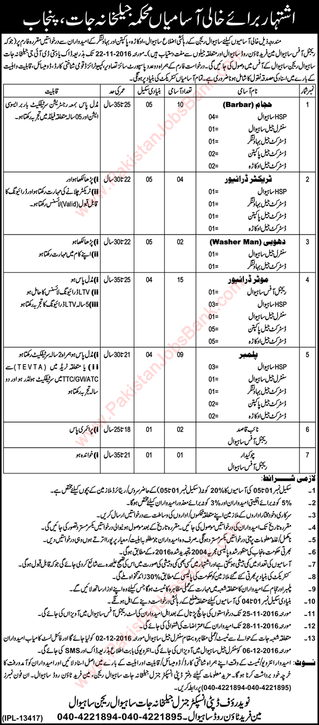 Prison Department Punjab Jobs November 2016 Drivers, Plumbers, Barber / Hajam & Others Latest