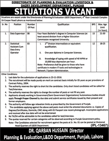 Livestock and Dairy Development Department Punjab Jobs November 2016 Data Supervisors & Statistical Assistants Latest