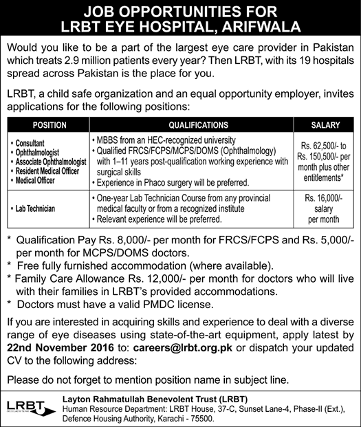 LRBT Eye Hospital Arifwala Jobs November 2016 Medical Officers, Lab Technician & Consultants Latest