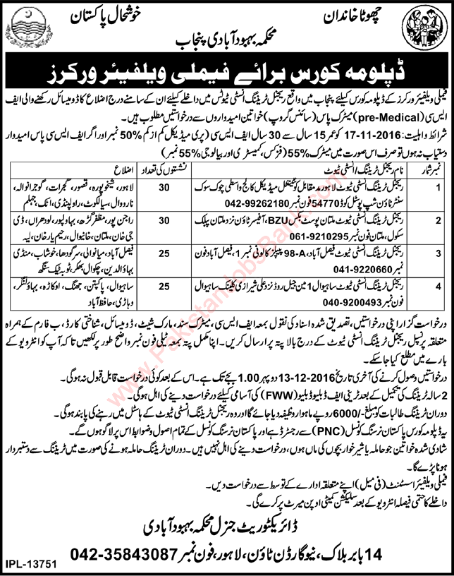 Family Welfare Worker Free Courses in Punjab November 2016 Population Welfare Department Latest