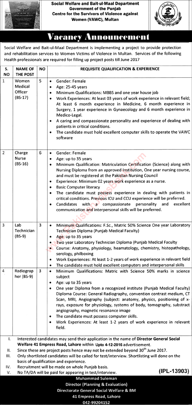 Social Welfare and Bait-ul-Maal Department Punjab Jobs November 2016 Multan Nurses, WMO & Others Latest
