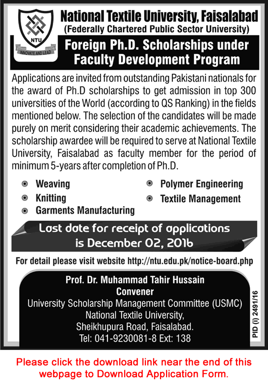 National Textile University Faisalabad Foreign PhD Scholarships November 2016 Application Form FDP Latest