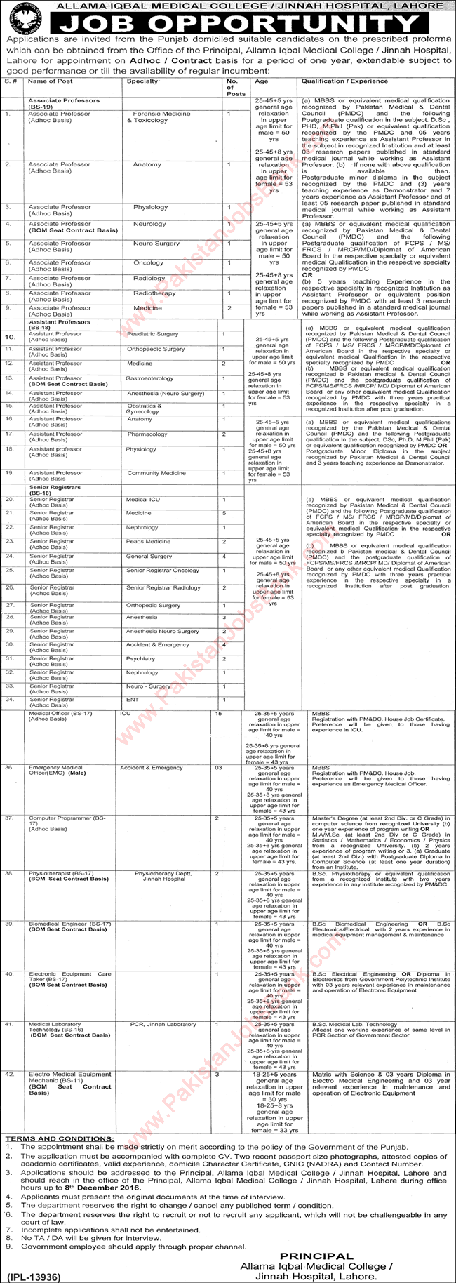 Allama Iqbal Medical College Jinnah Hospital Lahore Jobs November 2016 Teaching Faculty & Others Latest