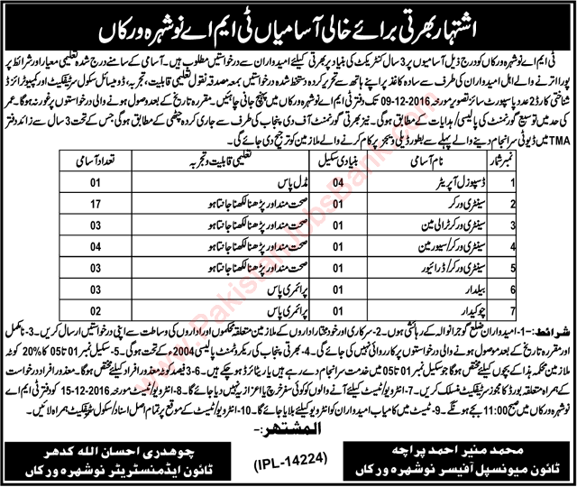 TMA Nowshera Virkan Jobs 2016 November / December Gujranwala Town Municipal Administration Latest