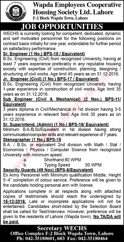 WAPDA Employees Cooperative Housing Society Lahore Jobs 2016 November / December WECHS Latest