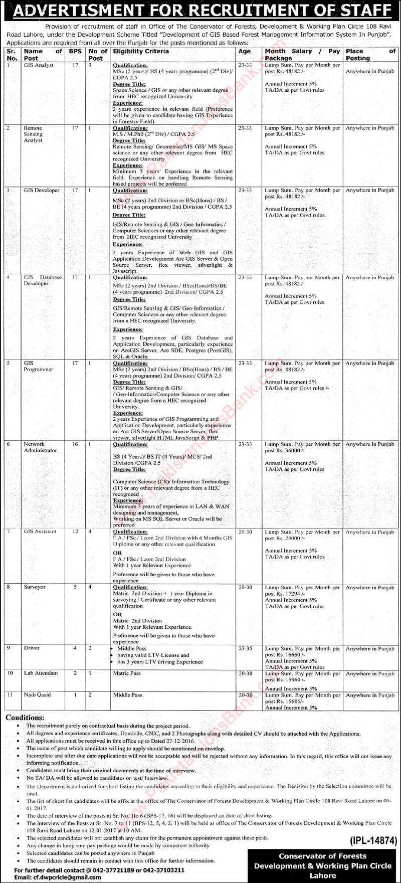 Conservator of Forests Development & Working Plan Circle Jobs 2016 December Punjab Latest
