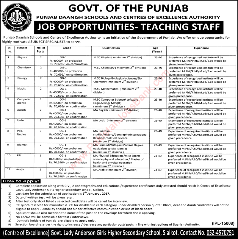 Danish School Sialkot Jobs 2016 December Government Lady Anderson Girls Higher Secondary School Latest