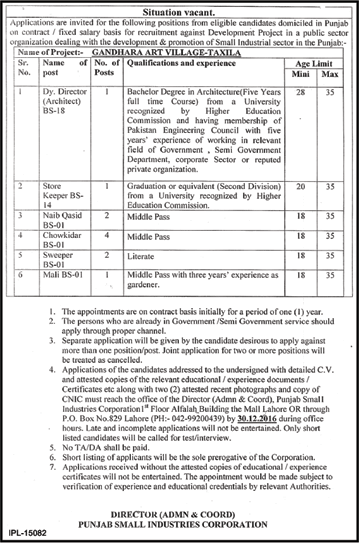 Punjab Small Industries Corporation Jobs December 2016 Gandhara Art Village Taxila Project Latest